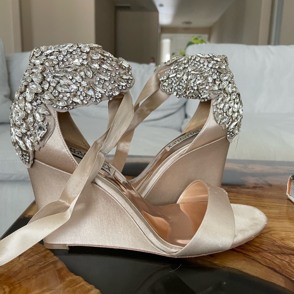 Badgley Mischka Nude Wedges with butterfly crystal design